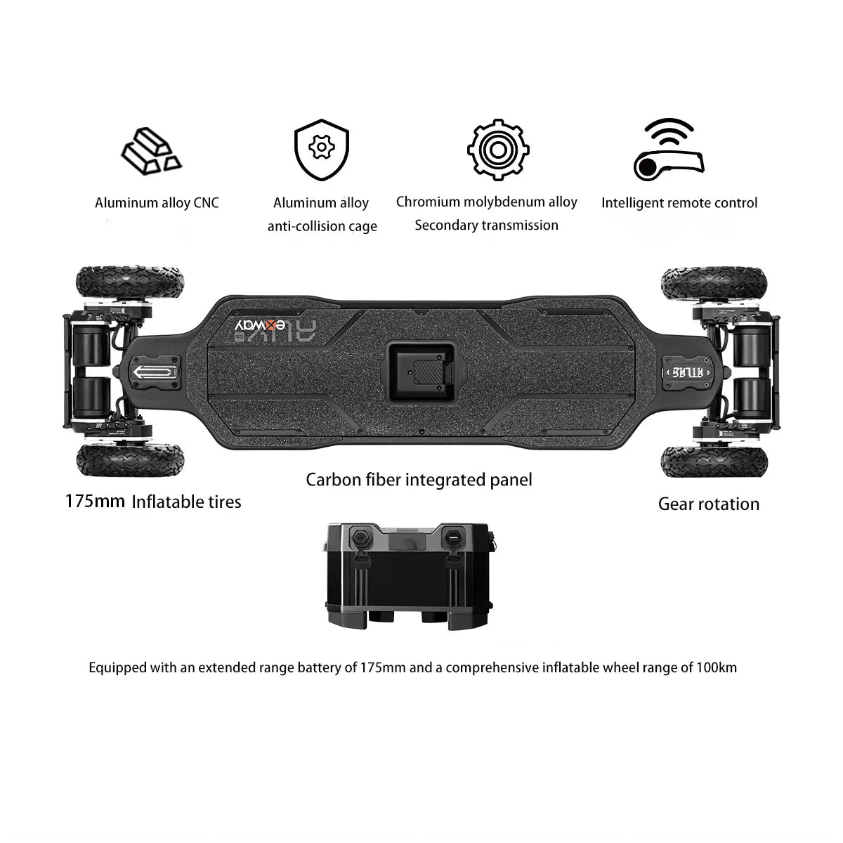 Skateboard Électrique Exway Atlas Pro Gear V2 – 4 roues, 7000W, 35 km d’autonomie