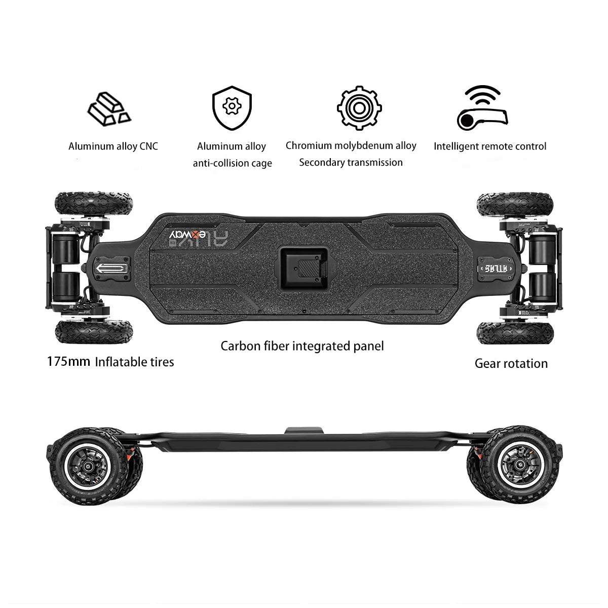 Skateboard Électrique Exway Atlas Pro Gear V2 – 4 roues, 7000W, 35 km d’autonomie