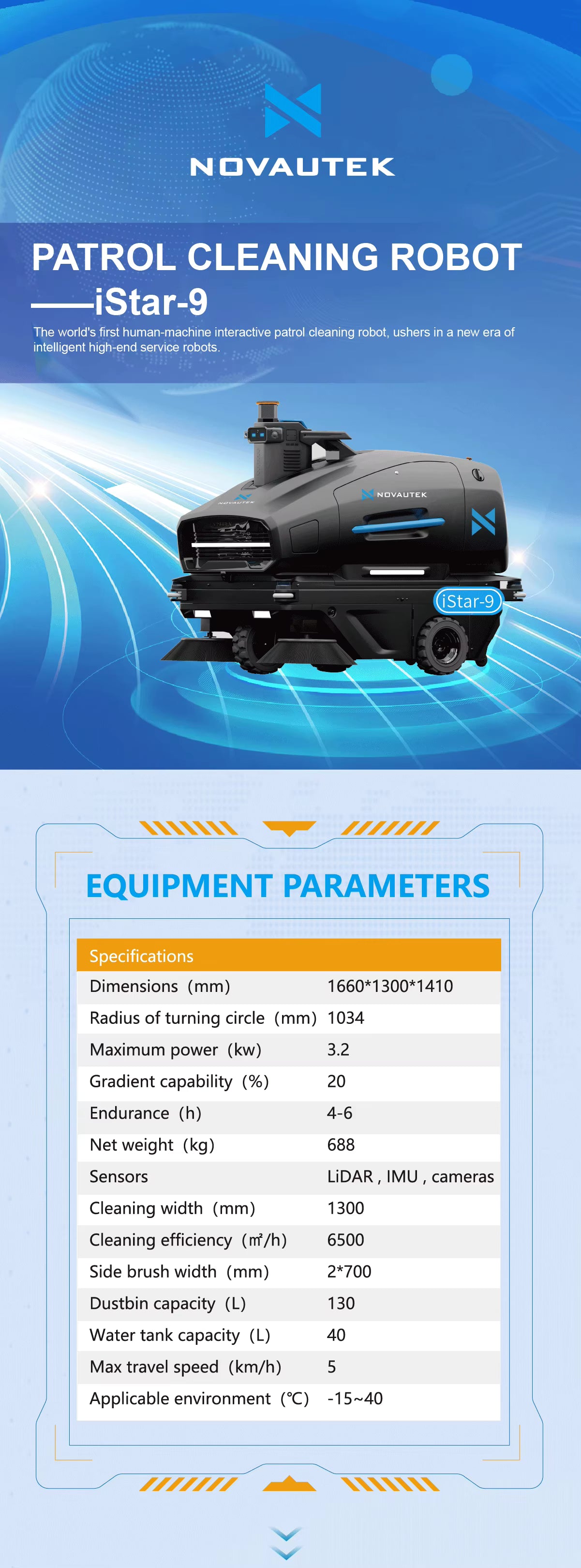 Robot de nettoyage extérieur autonome iStar-9, haute capacité