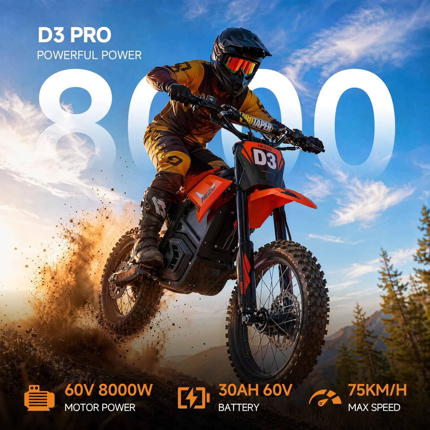HEZZO D3 Electric Dirt Bike  60V 8000W Middrive Ebike 30AH Electric OffRoad Bike Dirt Bike 17/14Inch Enduro Electric Motorcycle